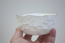 Load image into Gallery viewer, Handcarved white bowl made from stoneware bone china with real gold finish, ring dish