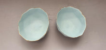 Load image into Gallery viewer, Geometric faceted polyhedron bowl in sky blue made from stoneware Parian porcelain with real gold finish -  geometric decor