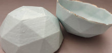 Load image into Gallery viewer, Geometric faceted polyhedron bowl in sky blue made from stoneware Parian porcelain with real gold finish -  geometric decor
