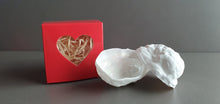 Load image into Gallery viewer, Fine Bone china walnut with red cube gift box with clear heart shape window. Valentine's Day