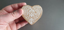 Load image into Gallery viewer, Fine Bone china walnut with a heart shape gift box in kraft colour and white printed motifs. Valentine's Day
