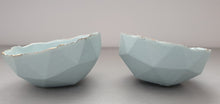 Load image into Gallery viewer, Geometric faceted polyhedron bowl in sky blue made from stoneware Parian porcelain with real gold finish -  geometric decor
