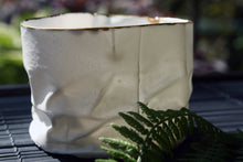Load image into Gallery viewer, White with gold vessel. Crumpled paper-looking vessel made out of fine bone china with real gold