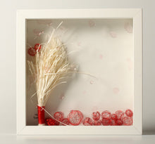 Load image into Gallery viewer, Mixed media art. Square white box frame with red wire balls and mixed media. ''Droplets''.