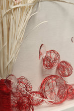 Load image into Gallery viewer, Mixed media art. Square white box frame with red wire balls and mixed media. ''Droplets''.