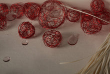 Load image into Gallery viewer, Mixed media art. Square white box frame with red wire balls and mixed media. ''Droplets''.