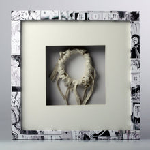 Load image into Gallery viewer, Square box frame covered with asian comics and porcelaneous stonewear wreath within. ''Maypole''