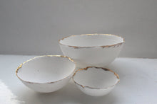 Load image into Gallery viewer, Set of 3 miniature English fine bone china nesting stoneware bowls with real gold.