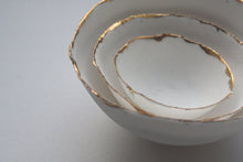 Load image into Gallery viewer, Set of 3 miniature English fine bone china nesting stoneware bowls with real gold.