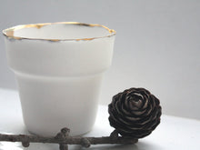 Load image into Gallery viewer, White and gold finish pot. Small English fine bone china planter with real gold rim - outdoor decor