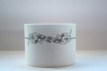 Load image into Gallery viewer, White candle holder. Fine white bone china stoneware vessel or tealight holder with a black motif.