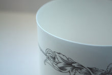 Load image into Gallery viewer, White candle holder. Fine white bone china stoneware vessel or tealight holder with a black motif.