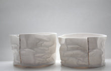 Load image into Gallery viewer, Small vessel. Crumpled paper looking vessel made out of fine bone china with real gold lines