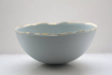 Load image into Gallery viewer, Large Blue porcelain bowl. Stoneware porcelain bowl in duck egg blue with gold rims.