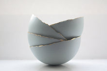 Load image into Gallery viewer, Large Blue porcelain bowl. Stoneware porcelain bowl in duck egg blue with gold rims.