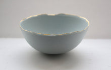 Load image into Gallery viewer, Large Blue porcelain bowl. Stoneware porcelain bowl in duck egg blue with gold rims.