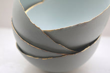Load image into Gallery viewer, Large Blue porcelain bowl. Stoneware porcelain bowl in duck egg blue with gold rims.