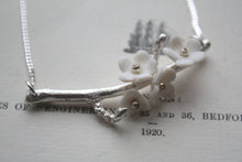 Load image into Gallery viewer, Summer blossom solid sterling silver necklace with porcelain flowers - silver twig necklace