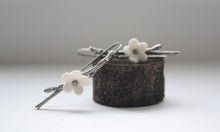 Load image into Gallery viewer, Oxidized solid sterling silver earrings with stoneware porcelain flowers - silver twig earrings