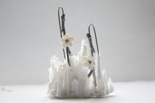 Load image into Gallery viewer, Oxidized solid sterling silver earrings with stoneware porcelain flowers - silver twig earrings