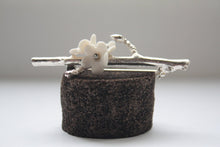 Load image into Gallery viewer, Summer blossom solid sterling silver brooch with porcelain flowers - silver twig brooch
