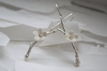 Load image into Gallery viewer, Solid sterling silver earrings with stoneware porcelain flowers - silver twig earrings