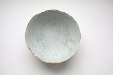 Load image into Gallery viewer, Stoneware porcelain bowl in duck egg blue with mat gold rims mat interior and crystals.