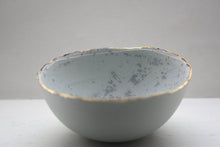 Load image into Gallery viewer, Stoneware porcelain bowl in duck egg blue with mat gold rims mat interior and crystals.