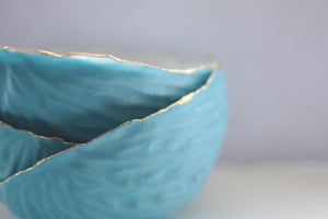 Big walnut shells from stoneware porcelain with blue exterior and real gold - ring dish
