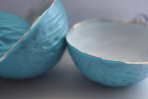 Big walnut shells from stoneware porcelain with blue exterior and real gold - ring dish