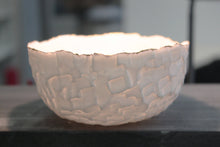 Load image into Gallery viewer, Handcarved white bowl made from stoneware bone china with real gold finish, ring dish