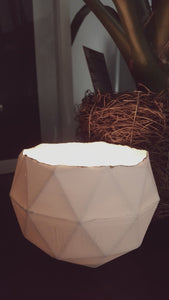 Geometric faceted polyhedron white candle holder made from fine bone china with real gold finish