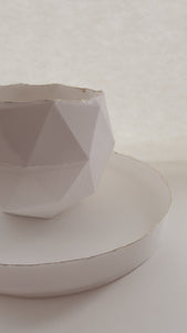 Geometric faceted polyhedron white candle holder made from fine bone china with real gold finish