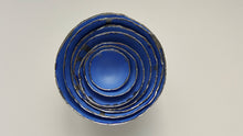 Load image into Gallery viewer, Set of 7 stoneware fine bone china nesting bowls in blue and white with real platinum finish.