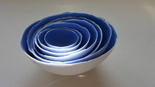 Load image into Gallery viewer, Set of 7 stoneware fine bone china nesting bowls in blue and white.