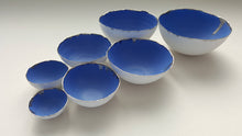 Load image into Gallery viewer, Set of 7 stoneware fine bone china nesting bowls in blue and white with real platinum finish.