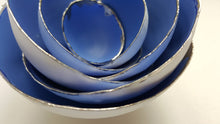 Load image into Gallery viewer, Set of 7 stoneware fine bone china nesting bowls in blue and white with real platinum finish.