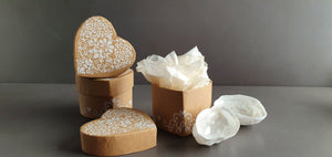 Fine Bone china walnut with a heart shape gift box in kraft colour and white printed motifs. Valentine's Day