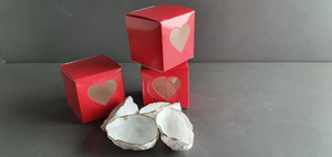 Fine Bone china walnut with red cube gift box with clear heart shape window. Valentine's Day