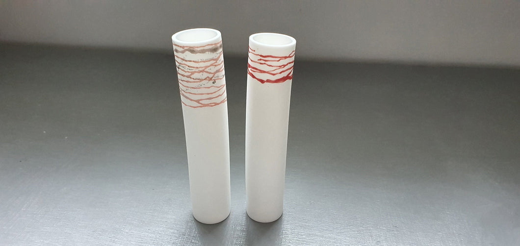 Decorative thin tall mini vase made out of fine bone china with red enamel - bud vase one of a kind