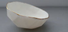 Load image into Gallery viewer, Geometric faceted polyhedron white bowl made from stoneware porcelain with real gold finish -  geometric decor - ring dish