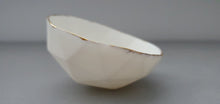 Load image into Gallery viewer, Geometric faceted polyhedron white bowl made from stoneware porcelain with real gold finish -  geometric decor - ring dish