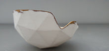 Load image into Gallery viewer, Geometric faceted polyhedron white bowl made from fine bone china with real mat gold finish and opening-  geometric decor - ring dish