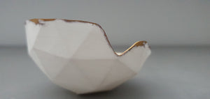 Geometric faceted polyhedron white bowl made from fine bone china with real mat gold finish and opening-  geometric decor - ring dish