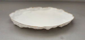 Large shallow dish from stoneware fine bone china in pure white with shimmering gold finish, stoneware porcelain, white ceramic