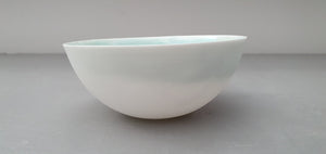 Stoneware English fine bone china vessel with light blue mother of pearl interior rims- iridescent