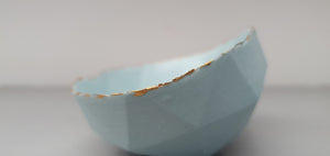 Geometric faceted polyhedron bowl in duck egg blue made from stoneware Parian porcelain with real gold finish -  geometric decor