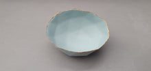 Load image into Gallery viewer, Geometric faceted polyhedron bowl in duck egg blue made from stoneware Parian porcelain with real gold finish -  geometric decor