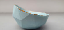 Load image into Gallery viewer, Geometric faceted polyhedron bowl in duck egg blue made from stoneware Parian porcelain with real gold finish -  geometric decor