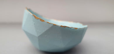 Geometric faceted polyhedron bowl in duck egg blue made from stoneware Parian porcelain with real gold finish -  geometric decor
